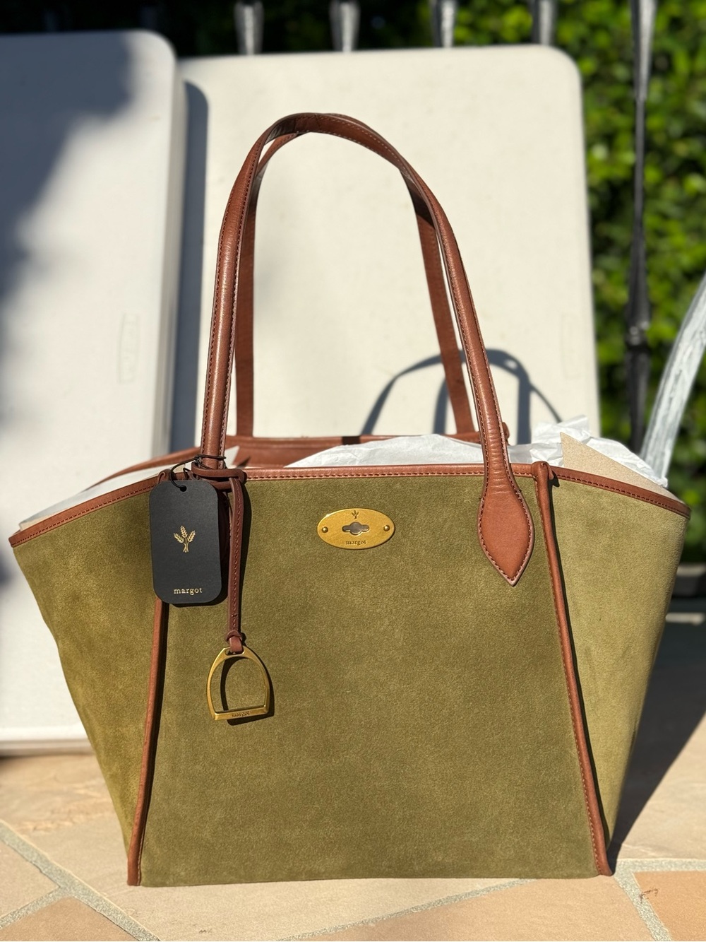 NWT Margot Viral Olive Green Suede Tote Bag Brown Leather Trim Brushed Hardware